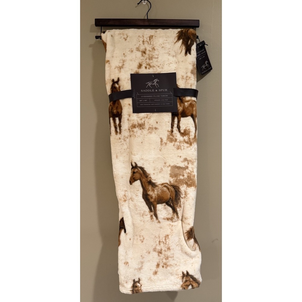 Saddle & Spur Oversized Plush Throw Blanket 60x70 Galloping Horse Brown Cream